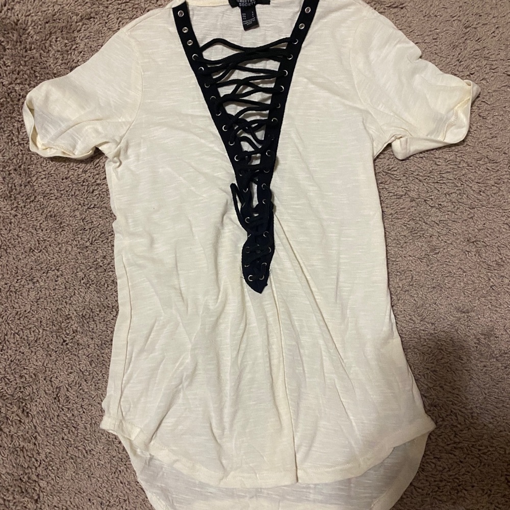 Cream front criss cross t-shirt